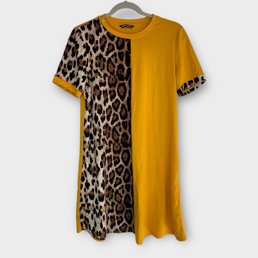 SHEIN Leopard Print Colorblock T-Shirt Dress Yellow Animal Print Sz M - Picture 2 of 5
